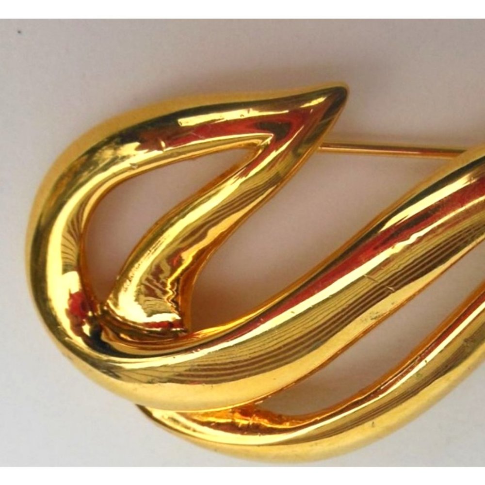 Vintage Modernist Double Waveform Swoosh Swirl Brooch in Gold Tone - Picture 2 of 4